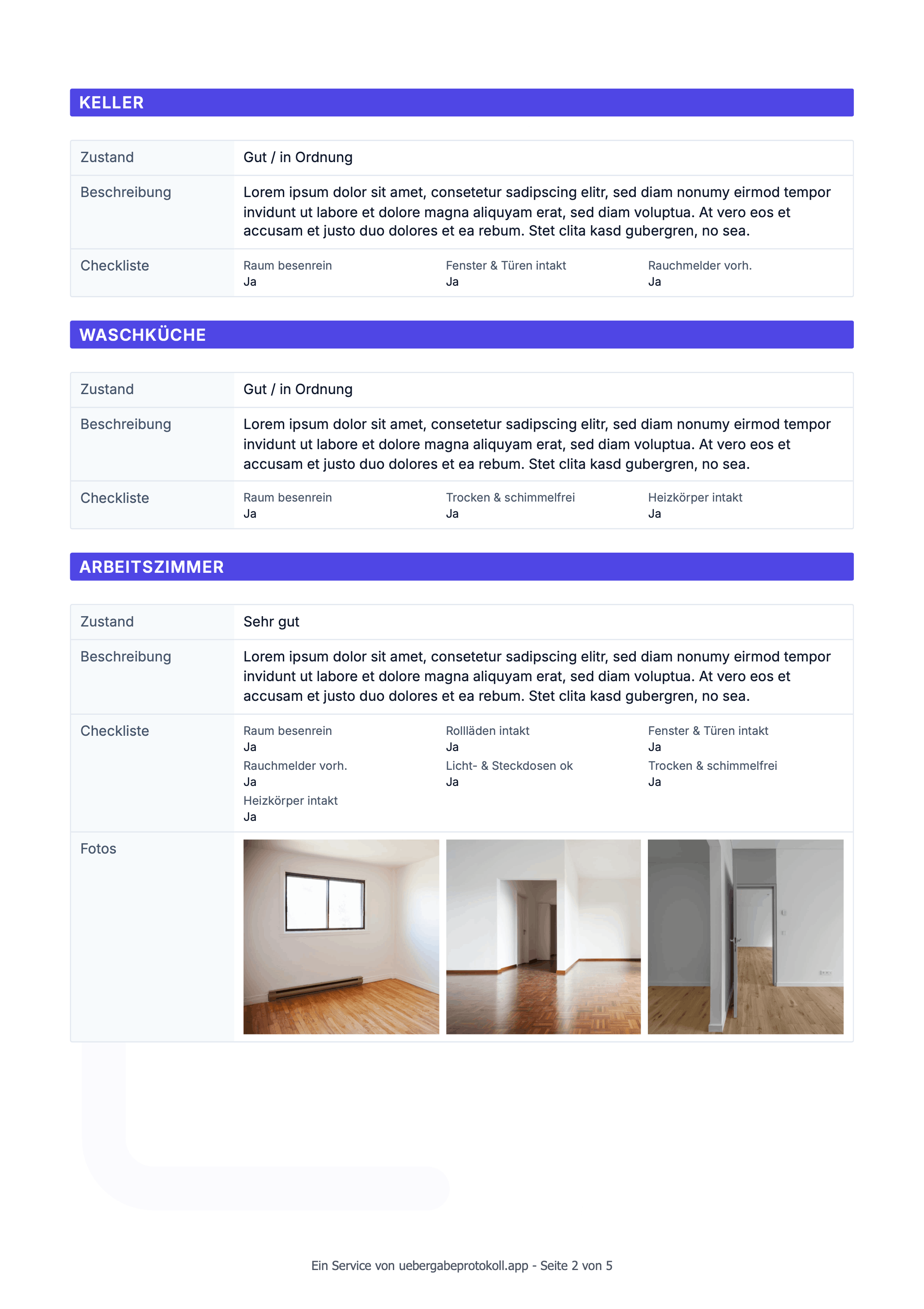 Wohnungsübergabeprotokoll PDF Vorlage: Seite 2 für Räume, Zustand, Fotos und Reparaturen