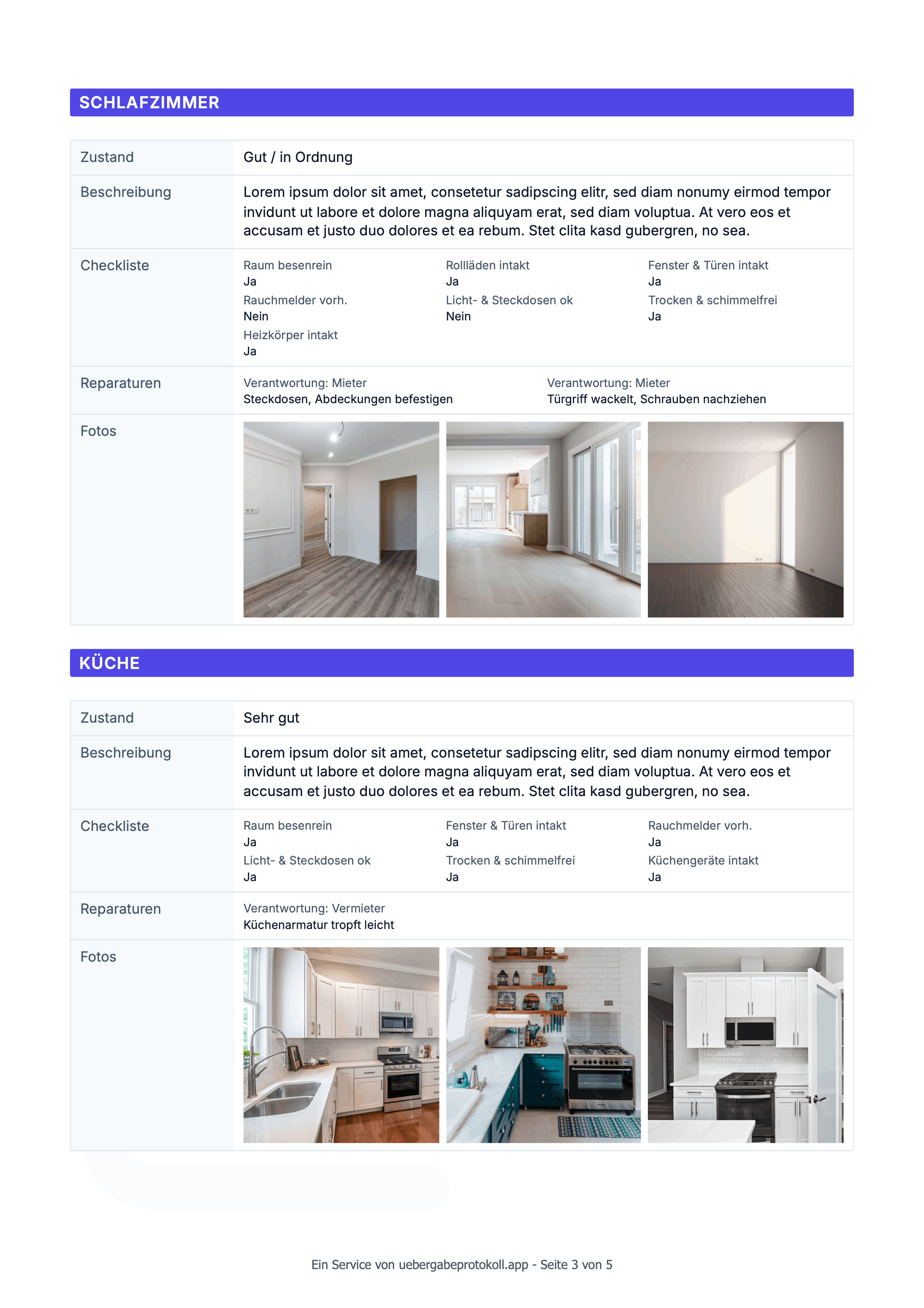 Wohnungsübergabeprotokoll PDF Vorlage: Seite 3 für Räume, Zustand, Fotos und Reparaturen