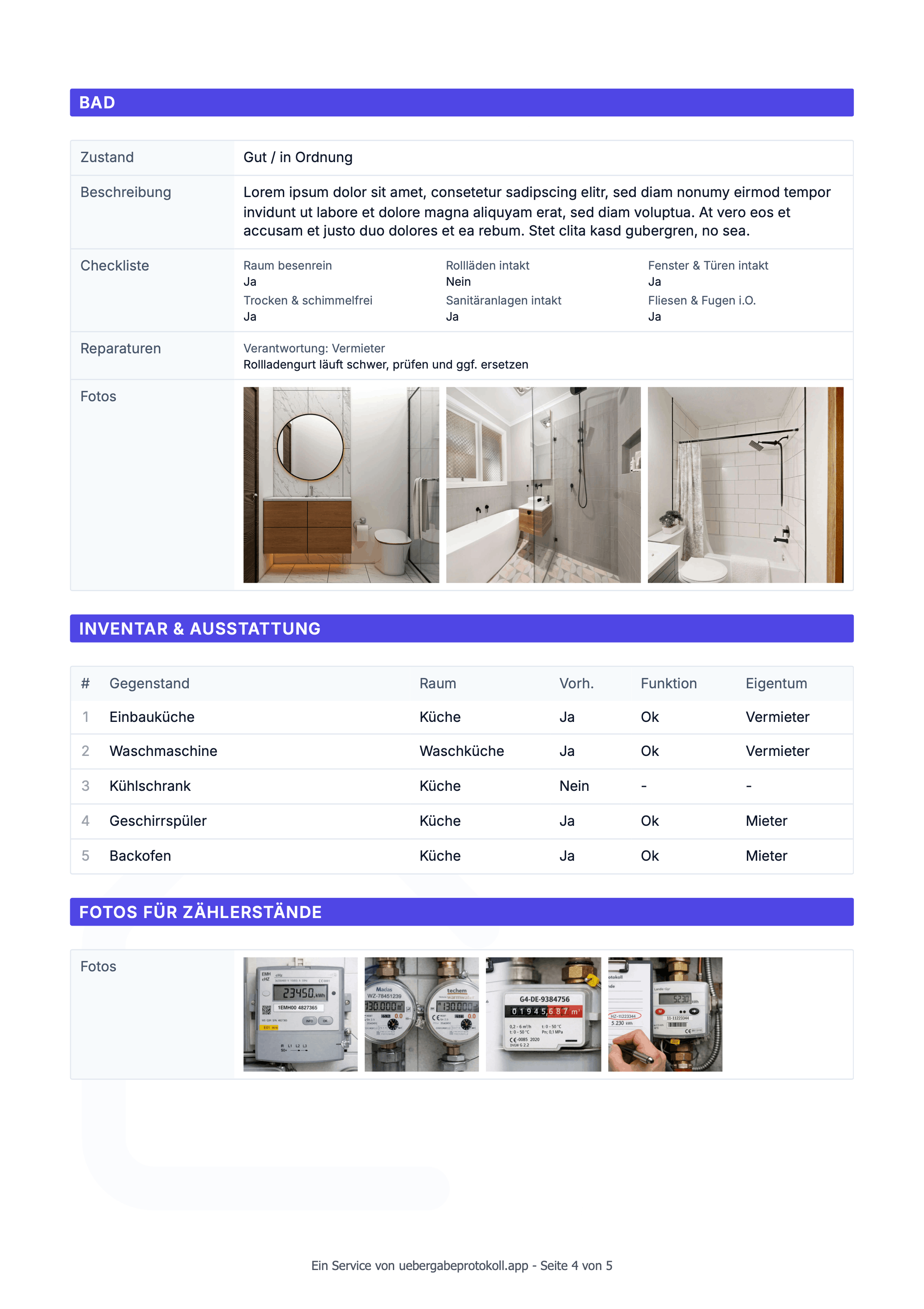 Wohnungsübergabeprotokoll PDF Vorlage: Seite 4 für Inventar und Ausstattung und Fotos für Zählerstände und Schlüsselübergabe