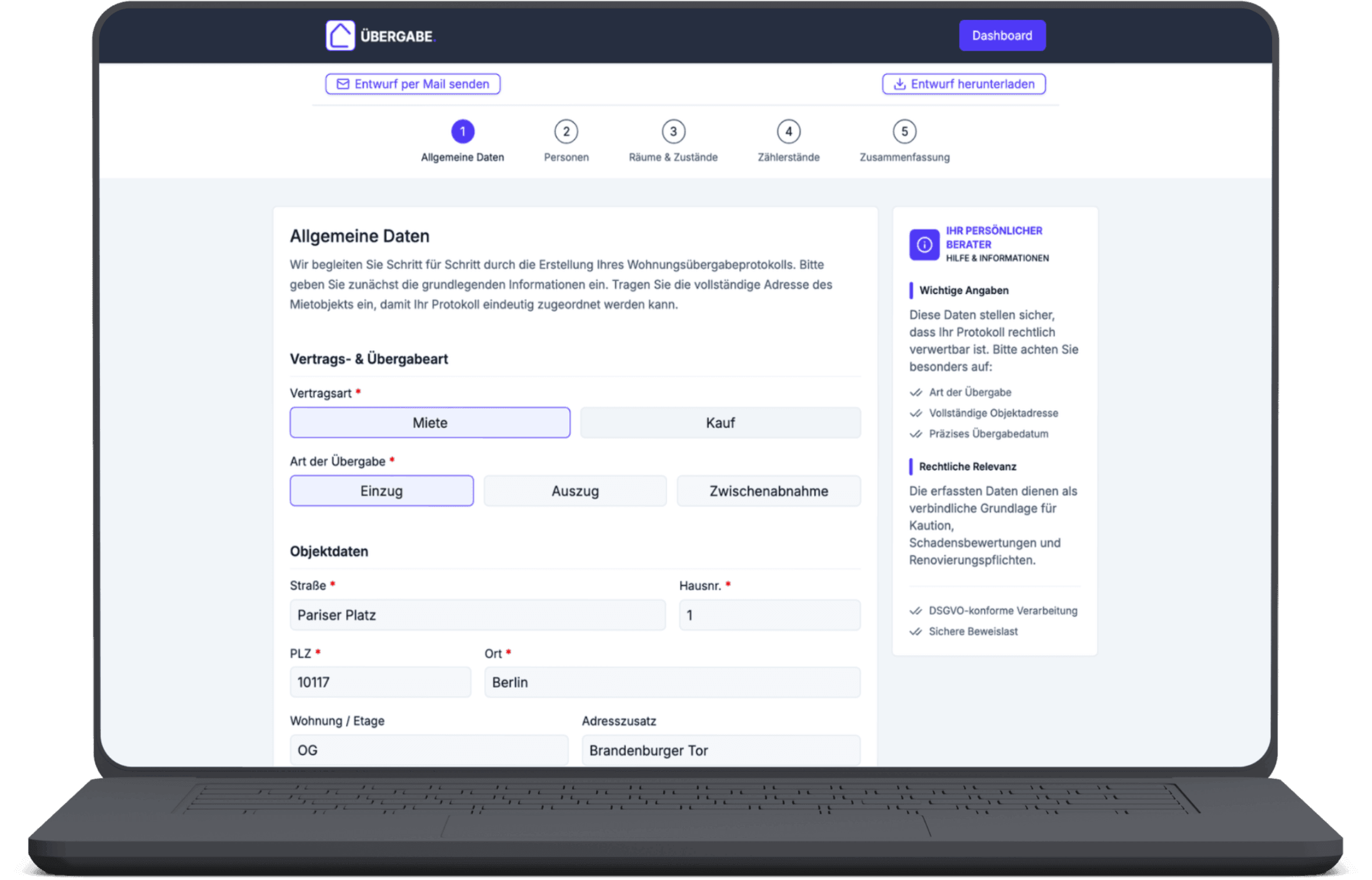 Wohnungsübergabeprotokoll Software auf einem Laptop: Stammdaten und Art der Übergabe (Miete, Kauf) im Formular erfassen