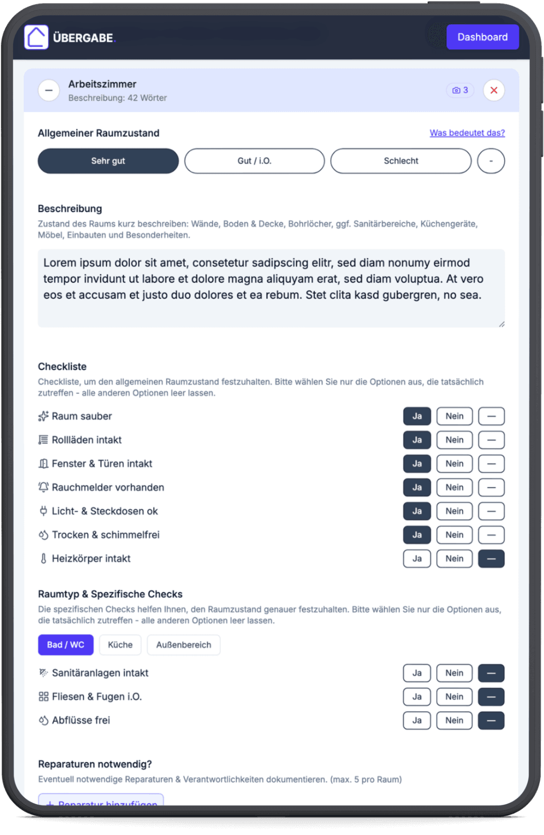 Wohnungsübergabeprotokoll App & Software auf Tablet - Protokoll digital ausfüllen, mit digitaler Unterschrift oder vor Ort