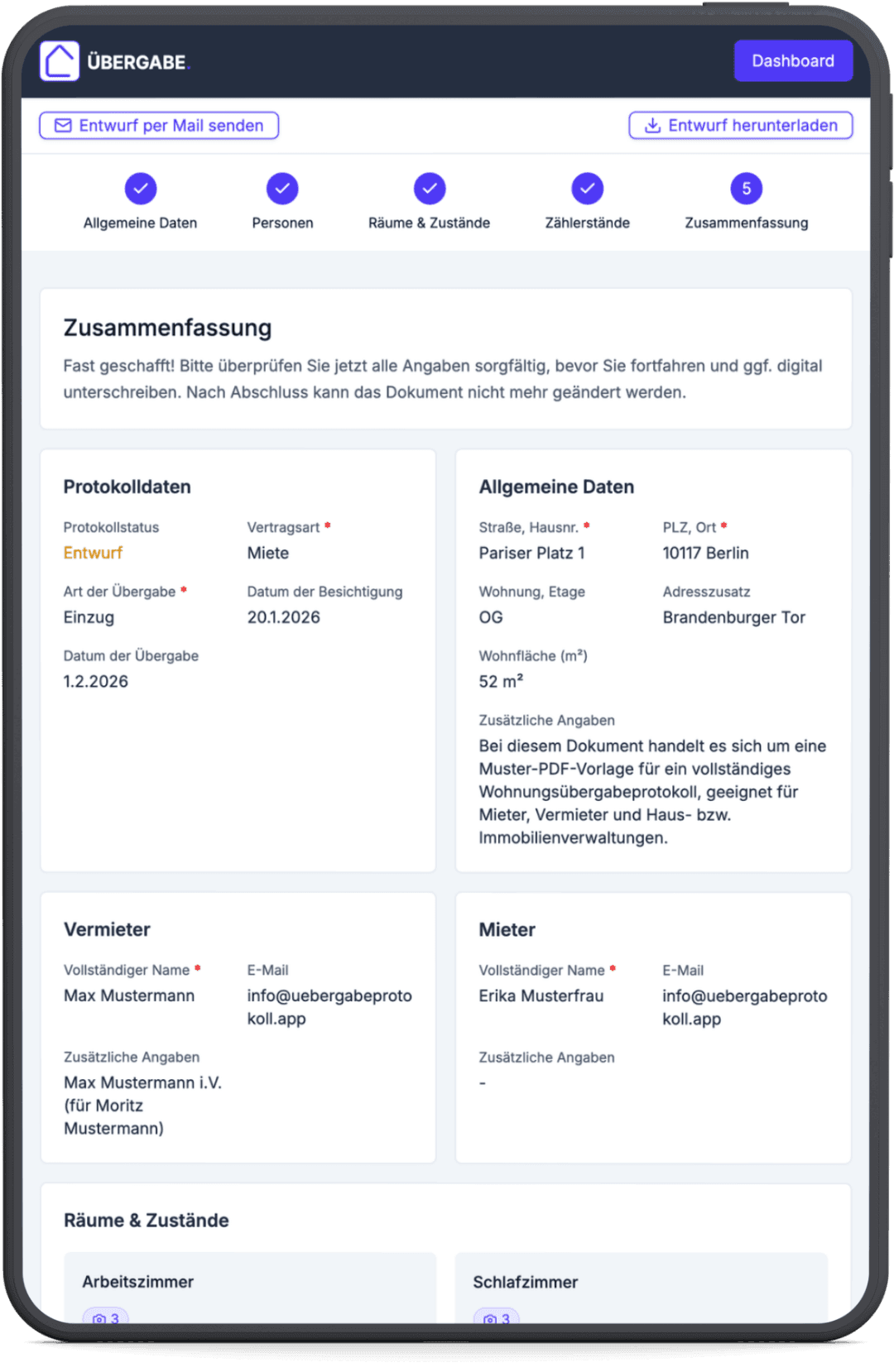 Wohnungsübergabeprotokoll App & Software auf einem Tablet: Formular ausfüllen, für private Vermieter, Hausverwaltungen & Immobilienmakler