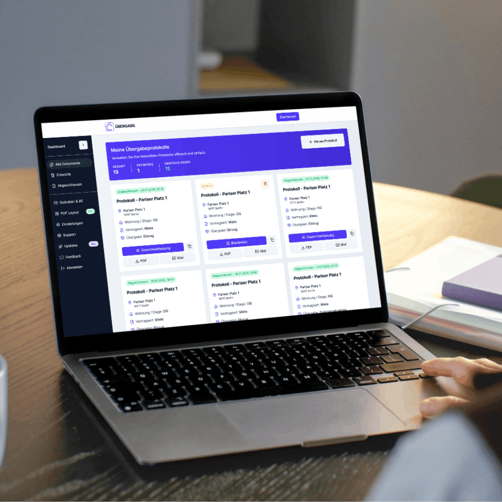 Wohnungsübergabe Dashboard am Desktop: Protokolle für Vermieter, Hausverwaltungen und Immobilienmakler zentral verwalten und archivieren